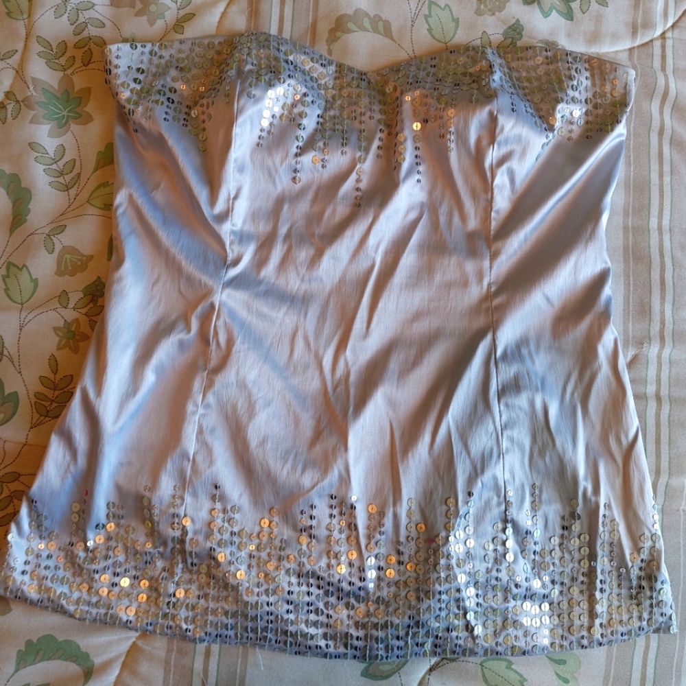 Strapless silver sequined satin top